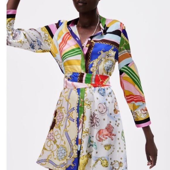 Zara Colorful Long Sleeve Scarf Multi Print Mini Dress Medium - Picture 2 of 7